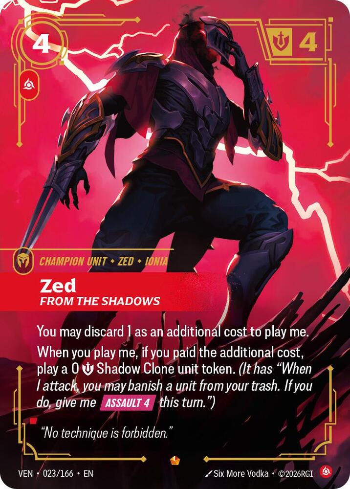Zed, From the Shadows - Vendetta Riftbound card