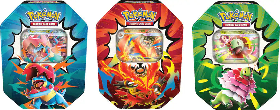 Pokémon TCG Mega Evolution Ascended Heroes Tins featuring Mega Feraligatr ex, Mega Emboar ex, and Mega Meganium ex